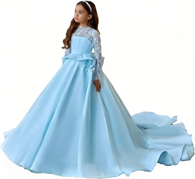Light Blue / 3m Sunnypetal Long Sleeves Lace Appliques Long Princess Satin Communion Dress with 3D Flowers