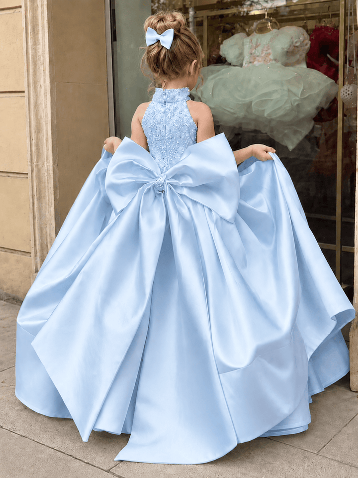 Light Blue / 3m Sunnypetal Luxury Ivory Satin Flower Girl Dress with Embellished Bodice &amp; Oversized Bow
