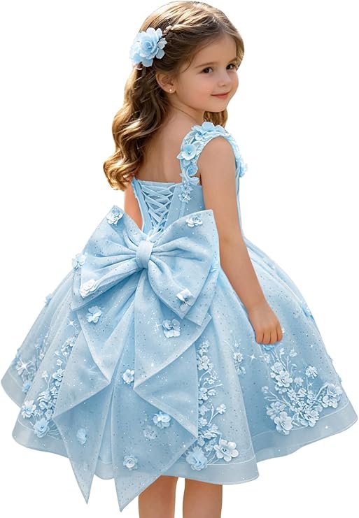Light Blue / 3m Sunnypetal Sweetheart 3D Floral Lace Appliqué Short Flower Girl Dress witn Bow