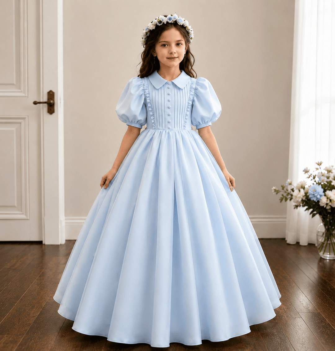 Light Blue / 3m Sunnypetal Vintage Ivory Puff Sleeve Princess Flower Girl Dress for First Communion