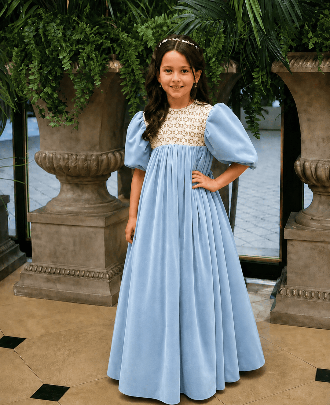 Light Blue / 3m Sunnypetal Vintage Velvet Lace Puff Sleeve Flower Girl Dress Long Princess Gown