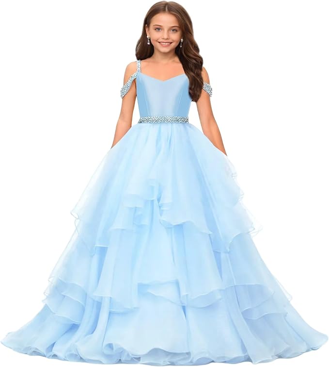 Light Blue / 9m Sunnypetal Off-Shoulder Sweetheart Puffy Tulle Flower Girl Dress with Beaded Details