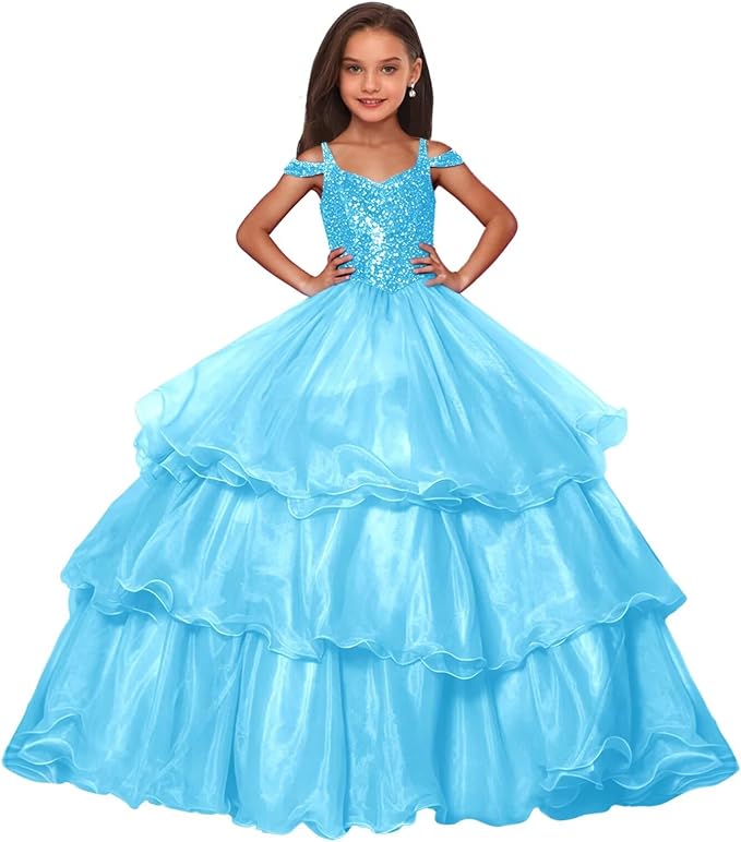 Light Blue / 9m Sunnypetal Sparkly Sequin Organza Off Shoulder Ball Gown Flower Girl Dress for Pageant