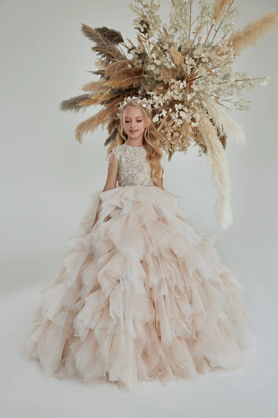 Light Cappuccino / 3m Sunnypetal Luxury Princess Sleeveless Tiered Tulle Flower Girl Dress Pageant Dress