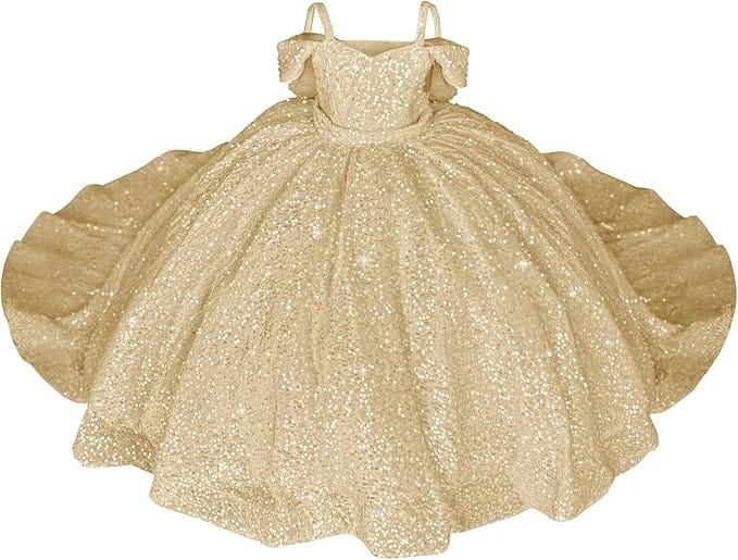 Light Champagne / 18m Sparkly Off-Shoulder Sequin Flower Girl Pageant Dress Princess Ball Gown with Bow