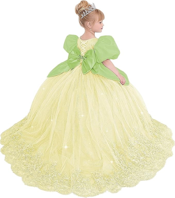 Light Champagne / 18m Sunnypetal Princess Sky Blue Tulle Lace Flower Girl Dress with Bow and Puff Sleeves