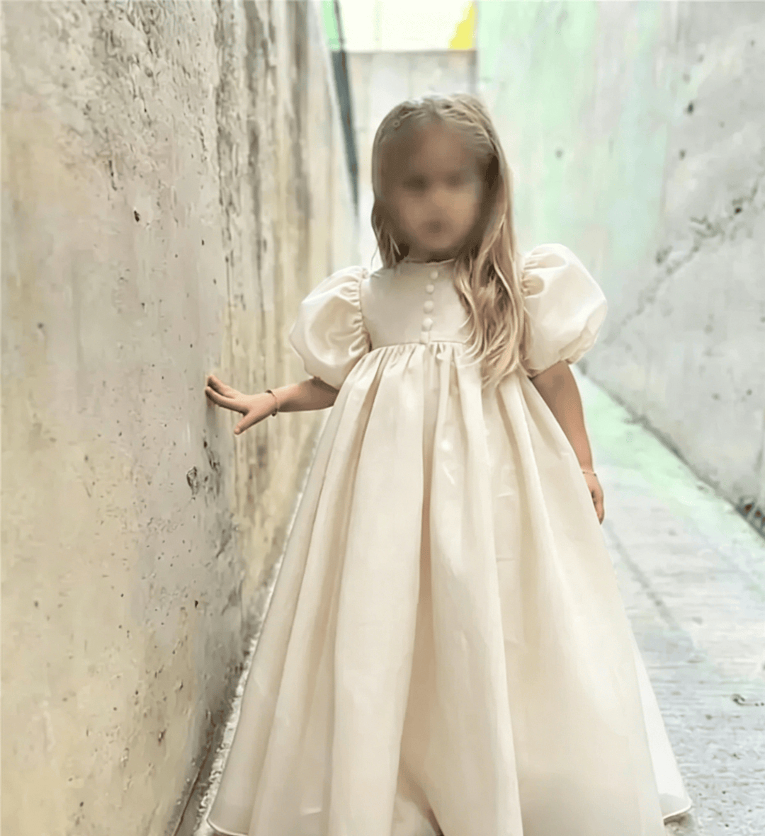 Light Champagne / 3m Sunnypetal Elegant Puffy Sleeve Satin Floor-Length Princess Flower Girl Dresses