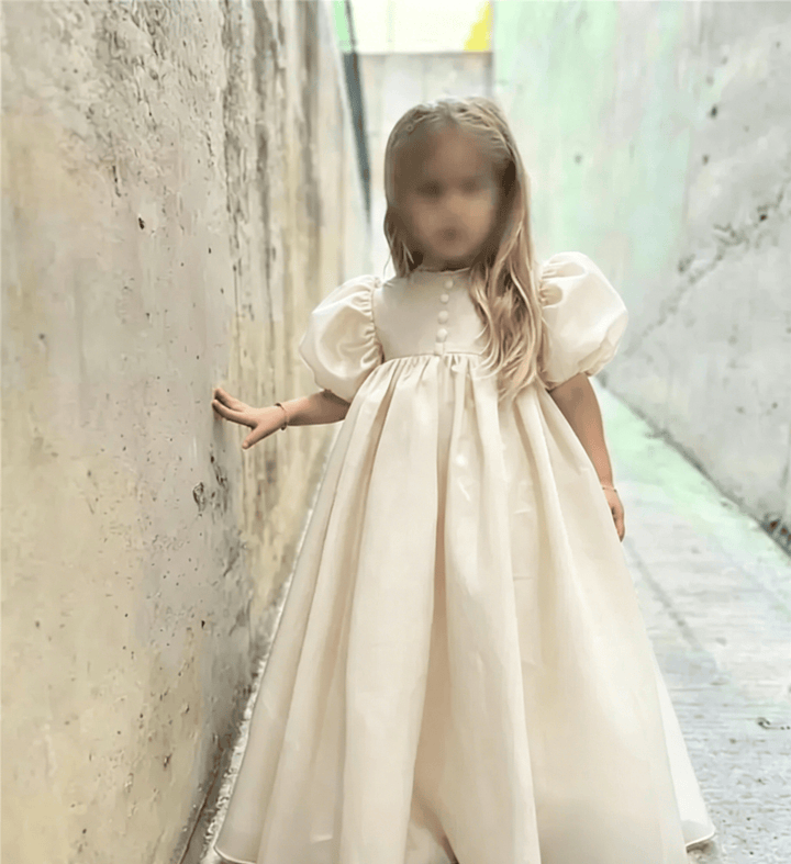 Light Champagne / 3m Sunnypetal Elegant Puffy Sleeve Satin Floor-Length Princess Flower Girl Dresses