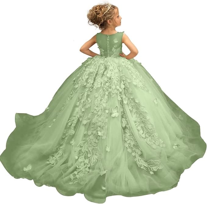 Light Green / 18m Sunnypetal Puffy Tulle Flower Girl Dress Appliques 3D Butterfly Pageant Party Princess Dresses