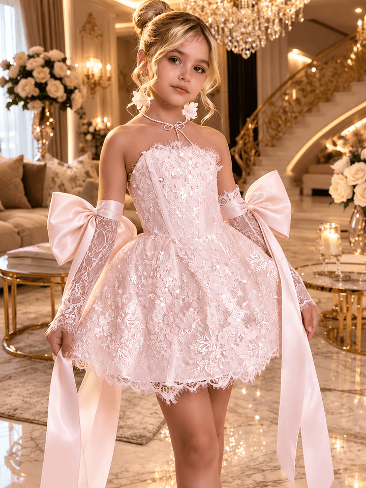 Light Pink / 12m Sunnypetal Dreamy Light Blue Lace Flower Girl Dress with Oversized Bows for Special Occasions