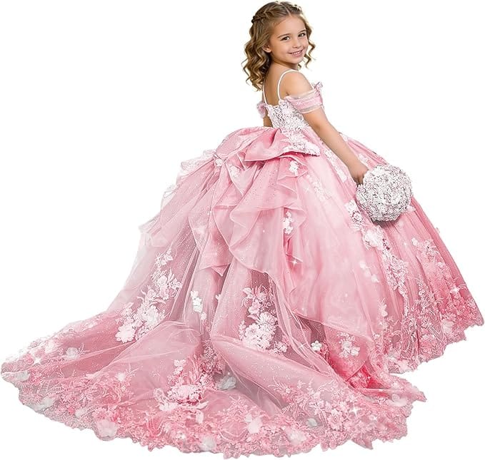 Light Pink / 18m Sunnypetal Exquisite 3D Floral Lace Applique Ruffle Tulle Flower Girl Ball Gown with Bow