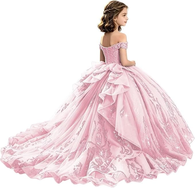 Light Pink / 18m Sunnypetal Off-Shoulder Lace Applique Beaded Flower Girl Pageant Dress