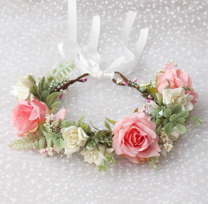 Light Pink Flower Headband for Girl, Fairy Headpiece with Ribbon for Wedding, Festival, Party