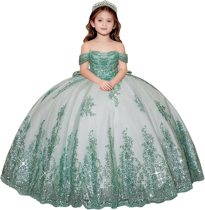 Light Sage / 18m Sunnypetal Enchanted Off-Shoulder Tulle Ball Gown Flower Girl Dress with Lace Appliqués
