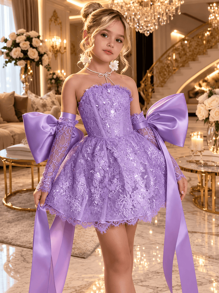 Lilac / 12m Sunnypetal Dreamy Light Blue Lace Flower Girl Dress with Oversized Bows for Special Occasions