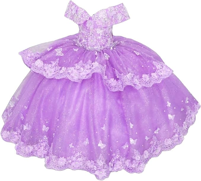Lilac / 18m Sunnypeta lEnchanted Blue Sweetheart Tulle Flower Girl Gown with Floral Appliqués