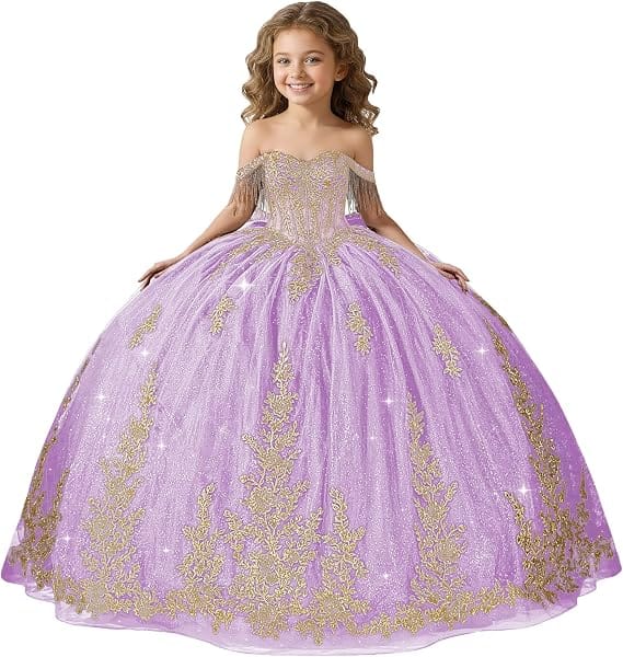 Lilac / 18m Sunnypetal Black Off-Shoulder Floral Embroidery Flower Girl Ball Gown