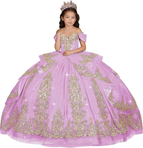 Lilac / 18m Sunnypetal Elegant Gold Appliqué Off-Shoulder Flower Girl Dress with Tassel Details