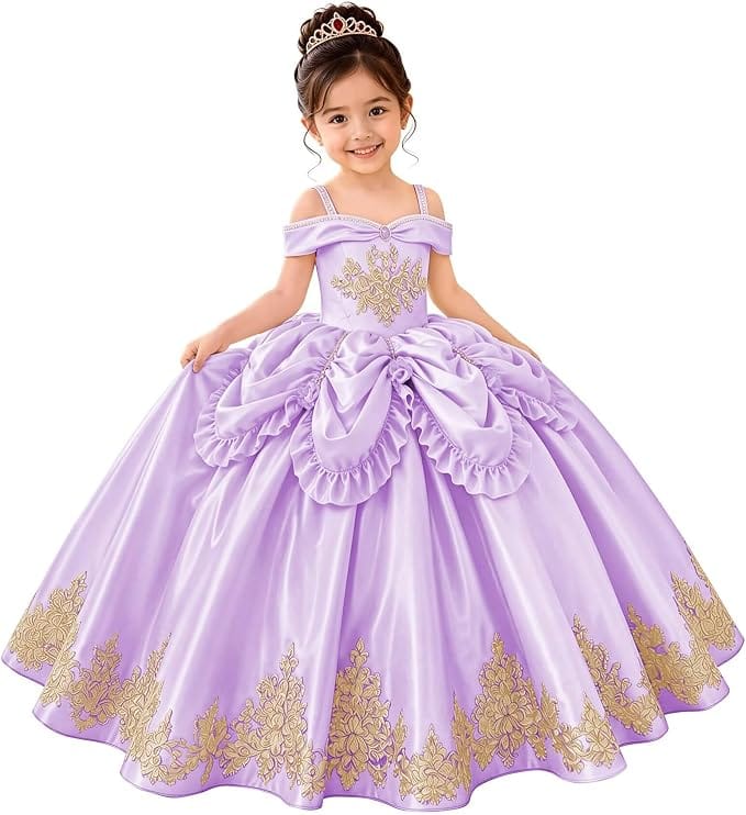 Lilac / 18m Sunnypetal Elegant Golden Satin Princess Flower Girl Dress with Bow