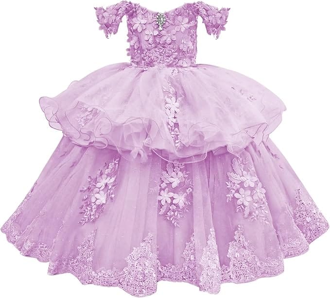 Lilac / 18m Sunnypetal Elegant Off-Shoulder Tulle Ball Gown Flower Girl Dress with 3D Floral Appliqués