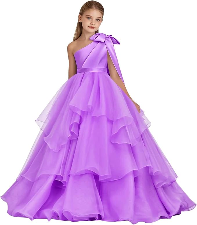 Lilac / 18m Sunnypetal Elegant One-Shoulder Satin Tulle Flower Girl Pageant Dress for Special Occasions