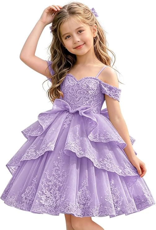 Lilac / 18m Sunnypetal Elegant Sweetheart Lace Applique Princess Bow Flower Girl Pageant Dress