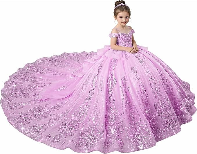 Lilac / 18m Sunnypetal Enchanted Blue Off-Shoulder Flower Girl Princess Ball Gown with Sparkling Appliqués