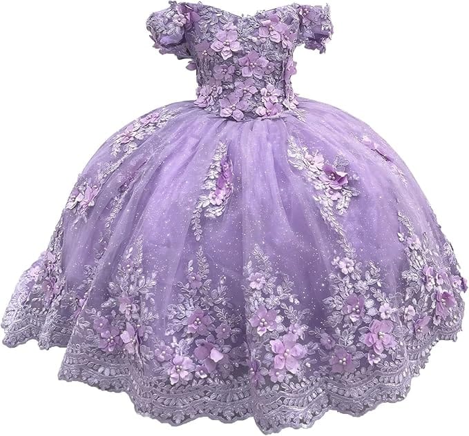 Lilac / 18m Sunnypetal Enchanted Ice Blue Tulle Ball Gown Flower Girl Dress with 3D Floral Appliqués