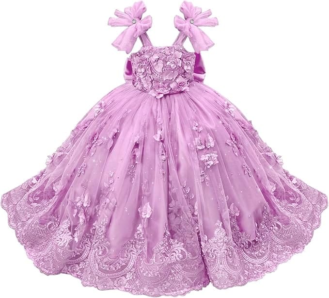 Lilac / 18m Sunnypetal Enchanted Mint Green Tulle Ball Gown Flower Girl Dress with 3D Floral Appliqués