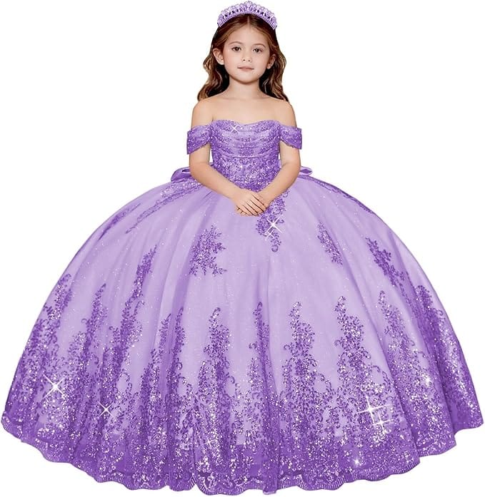 Lilac / 18m Sunnypetal Enchanted Off-Shoulder Tulle Ball Gown Flower Girl Dress with Lace Appliqués