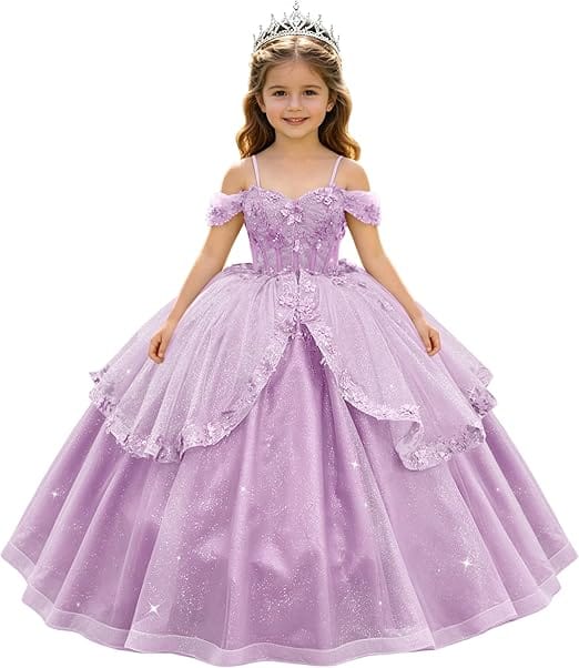 Lilac / 18m SunnyPetal Enchanted Sage Green Off-Shoulder Lace Appliqué Tulle Flower Girl Gown