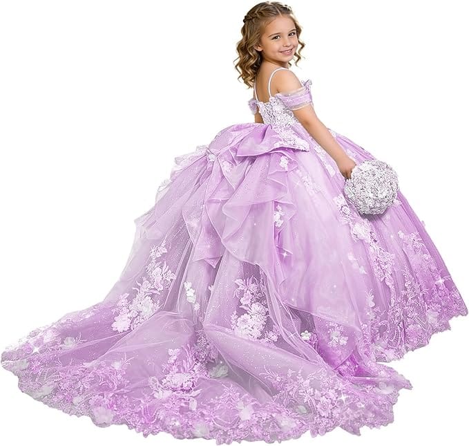 Lilac / 18m Sunnypetal Exquisite 3D Floral Lace Applique Ruffle Tulle Flower Girl Ball Gown with Bow