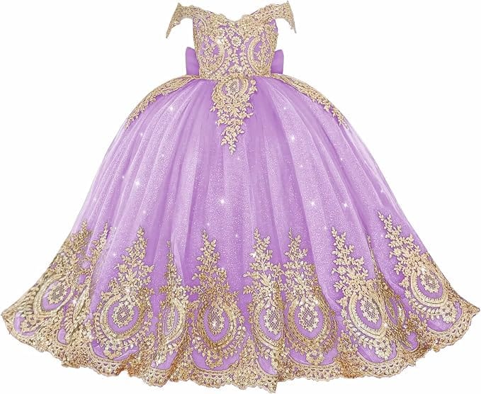 Lilac / 18m Sunnypetal Exquisite Gold Appliqué Off-Shoulder Princess Flower Girl Dress with Bow