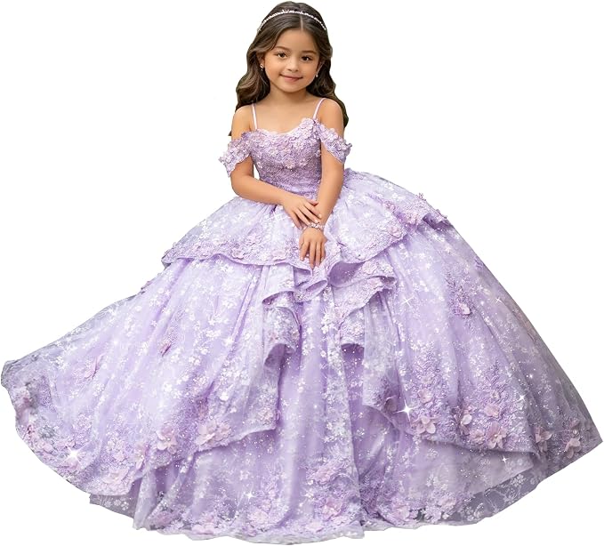 Lilac / 18m Sunnypetal Exquisite Off-Shoulder 3D Floral Appliqué Pageant Flower Girl Gown