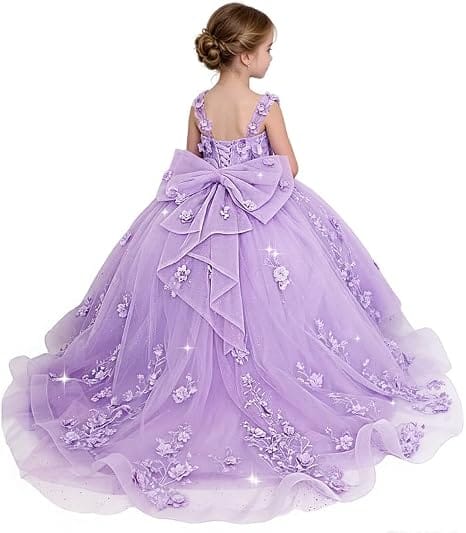 Lilac / 18m Sunnypetal Exquisite Off-Shoulder 3D Floral Glitter Tulle Ball Gown Flower Girl Dress with Bow