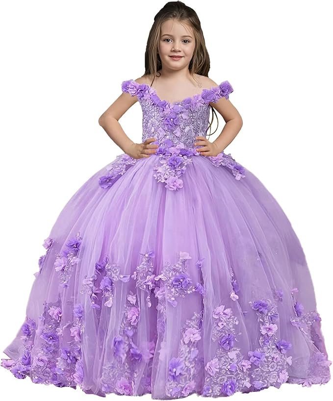 Lilac / 18m Sunnypetal Exquisite Off-Shoulder Tulle 3D Floral Flower Girl Princess Dress with Satin Bow