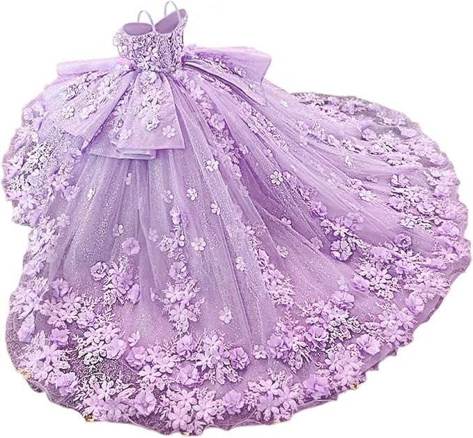 Lilac / 18m Sunnypetal Exquisite Tulle Off-Shoulder Flower Girl Dress Pageant Gown with 3D Floral Appliqués