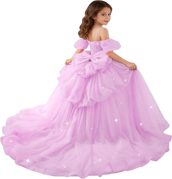 Lilac / 18m Sunnypetal Girls Spaghetti Strap Glitter Tulle Ball Gown with Lace Appliqués &amp; Bow
