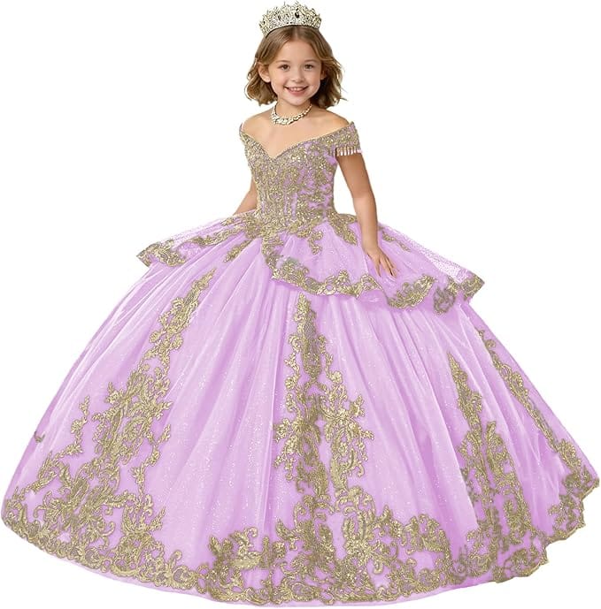 Lilac / 18m Sunnypetal Gold Applique Off Shoulder Flower Girl Dress with Tassels Crystal &amp; Bow