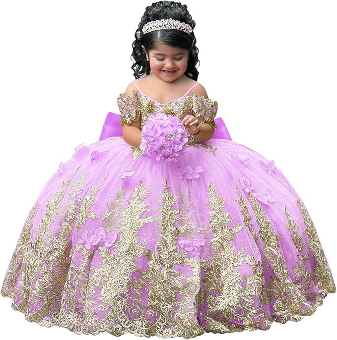 Lilac / 18m Sunnypetal Gorgeous Gold Appliqués Tulle Flower Girl Ball Gown with Bow and 3D Butterflies