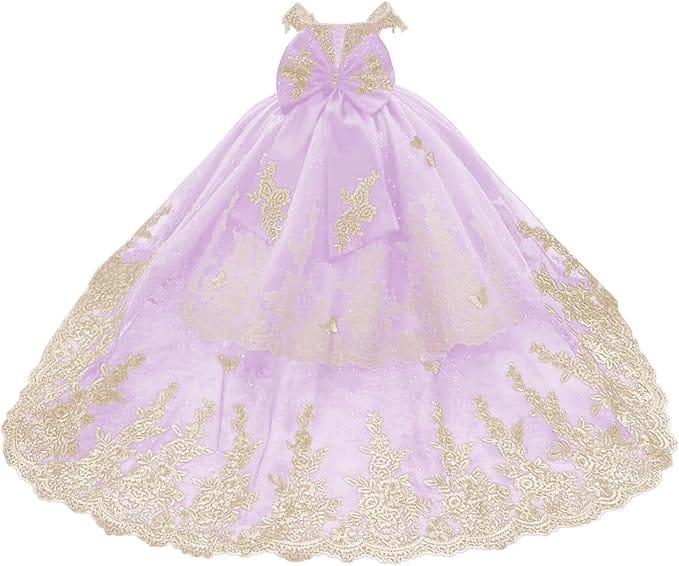 Lilac / 18m Sunnypetal Gorgeous Off-Shoulder Sweetheart Tulle Flower Girl Dress with Gold Embroidery
