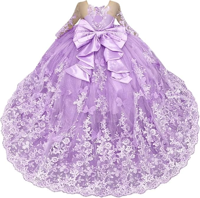 Lilac / 18m Sunnypetal Lace Long Sleeve Ball Gown Flower Girl Dress with 3D Butterflies and Satin Bow