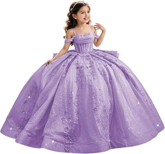 Lilac / 18m Sunnypetal Luxury Glitter Tulle Off-Shoulder Ball Gown Flower Girl Dress with Train