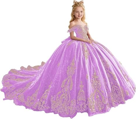 Lilac / 18m Sunnypetal Luxury Gold Appliqué Glitter Tulle Flower Girl Gown with Oversized Bow