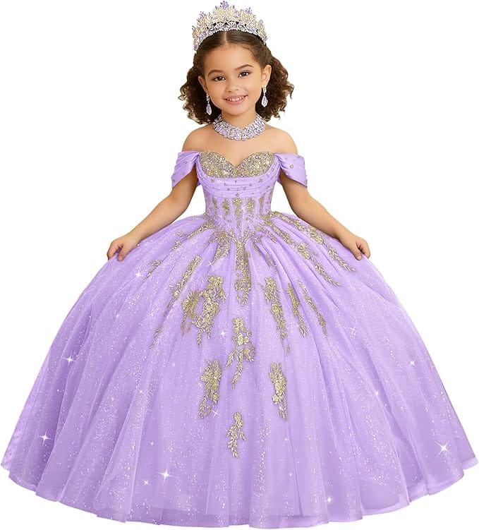 Lilac / 18m Sunnypetal Luxury Off-Shoulder Gold Lace Applique Princess Flower Girl Ball Gown Dress