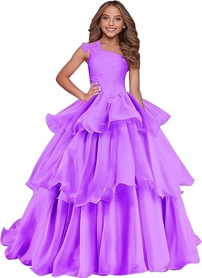 Lilac / 18m Sunnypetal Luxury One-Shoulder Puffy Organza Flower Girl Dress Princess Pageant Gown