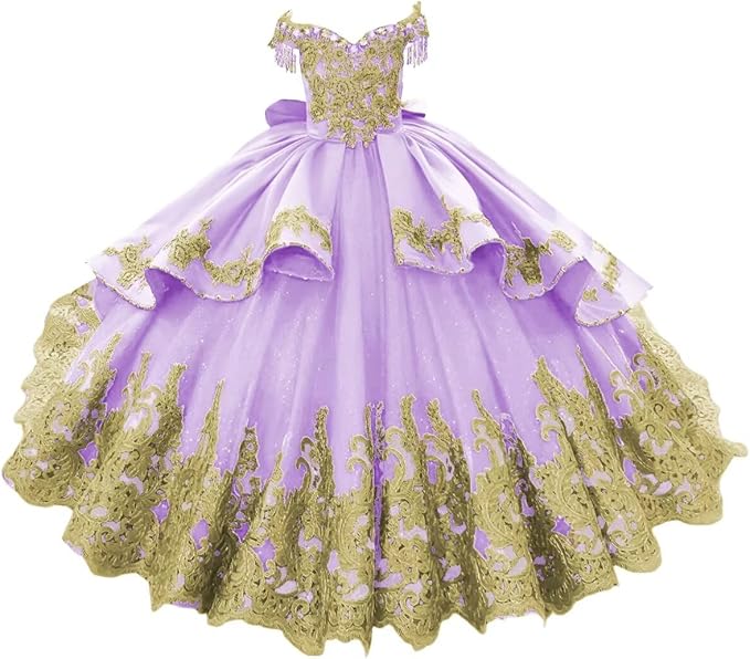 Lilac / 18m Sunnypetal Luxury Royal Blue Off-Shoulder Ball Gown Flower Girl Dress with Gold Embroidery