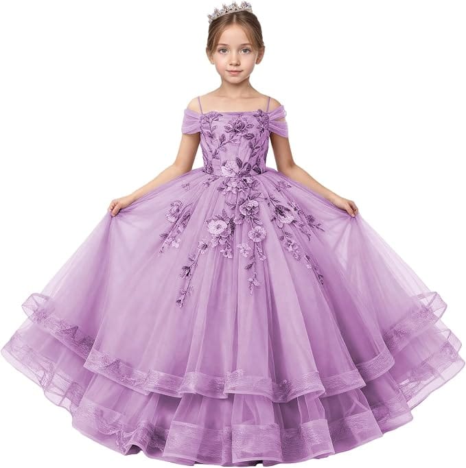 Lilac / 18m Sunnypetal Off-Shoulder Floral Appliqué Tulle Flower Girl Dress for Special Occasions