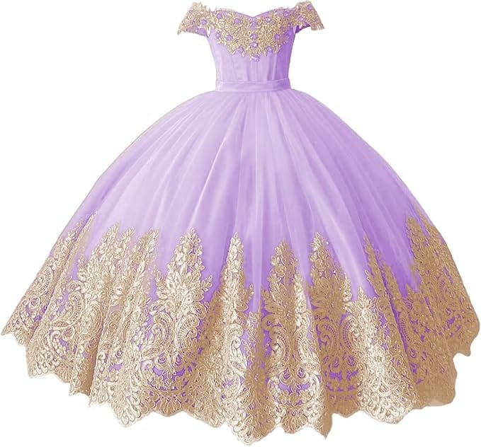 Lilac / 18m Sunnypetal Off-Shoulder Gold Lace Beaded Puffy Tulle Flower Girl Gown for Special Occasions