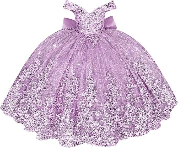 Lilac / 18m Sunnypetal Off Shoulder Sweetheart Lace Tulle Flower Girl Pageant Dress with Bow